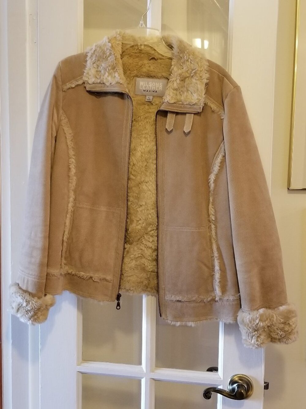 Wilsons Leather Maxima Shearling Suede Jacket Cuffs LARGE Faux Fur Penny Lane